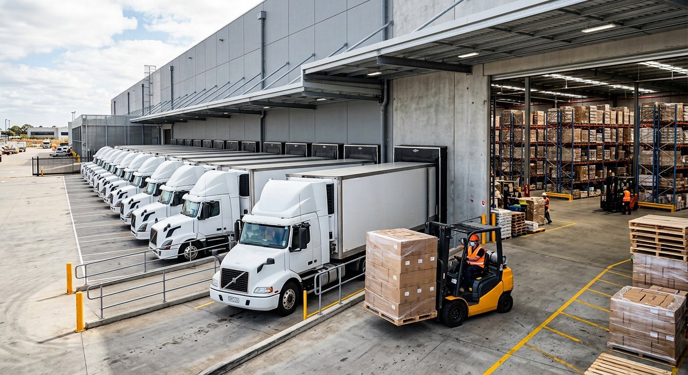 Camions et entrepôt logistique
